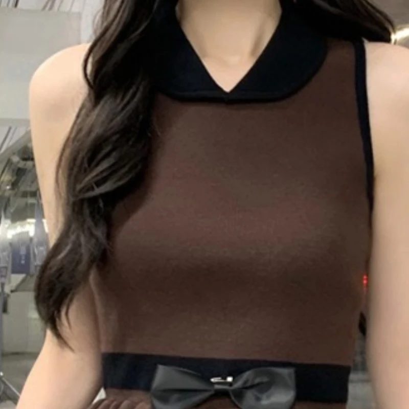 

French Contrast Color Doll Collar Sleeveless Knitted Vest Summer Sweet Bow Slim Top For Women