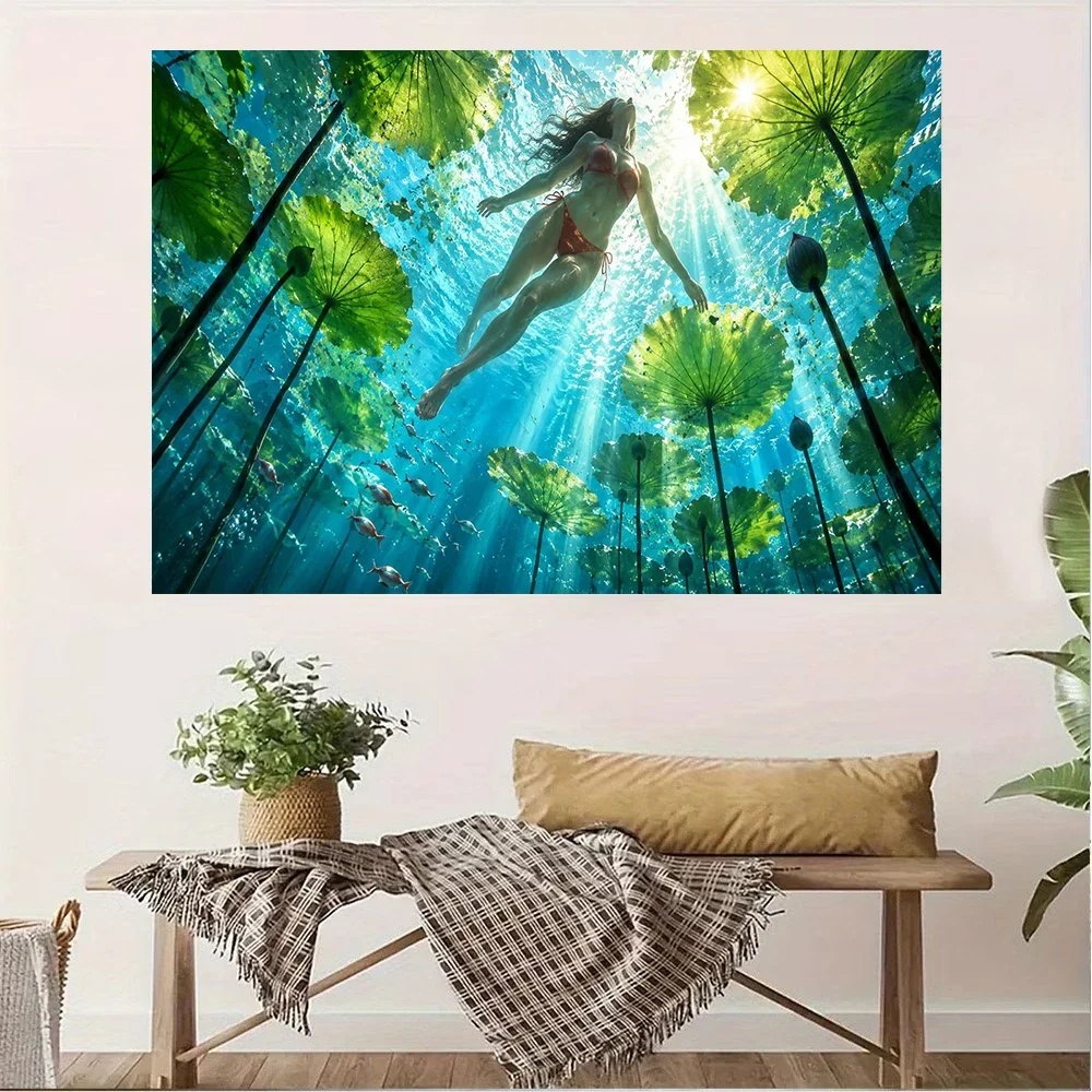 Fantasy Waterscape Woman Swimming on Lotus Leaf Poster and Prints Canvas Painting Wall Art Pictures Home Decor Cuadros