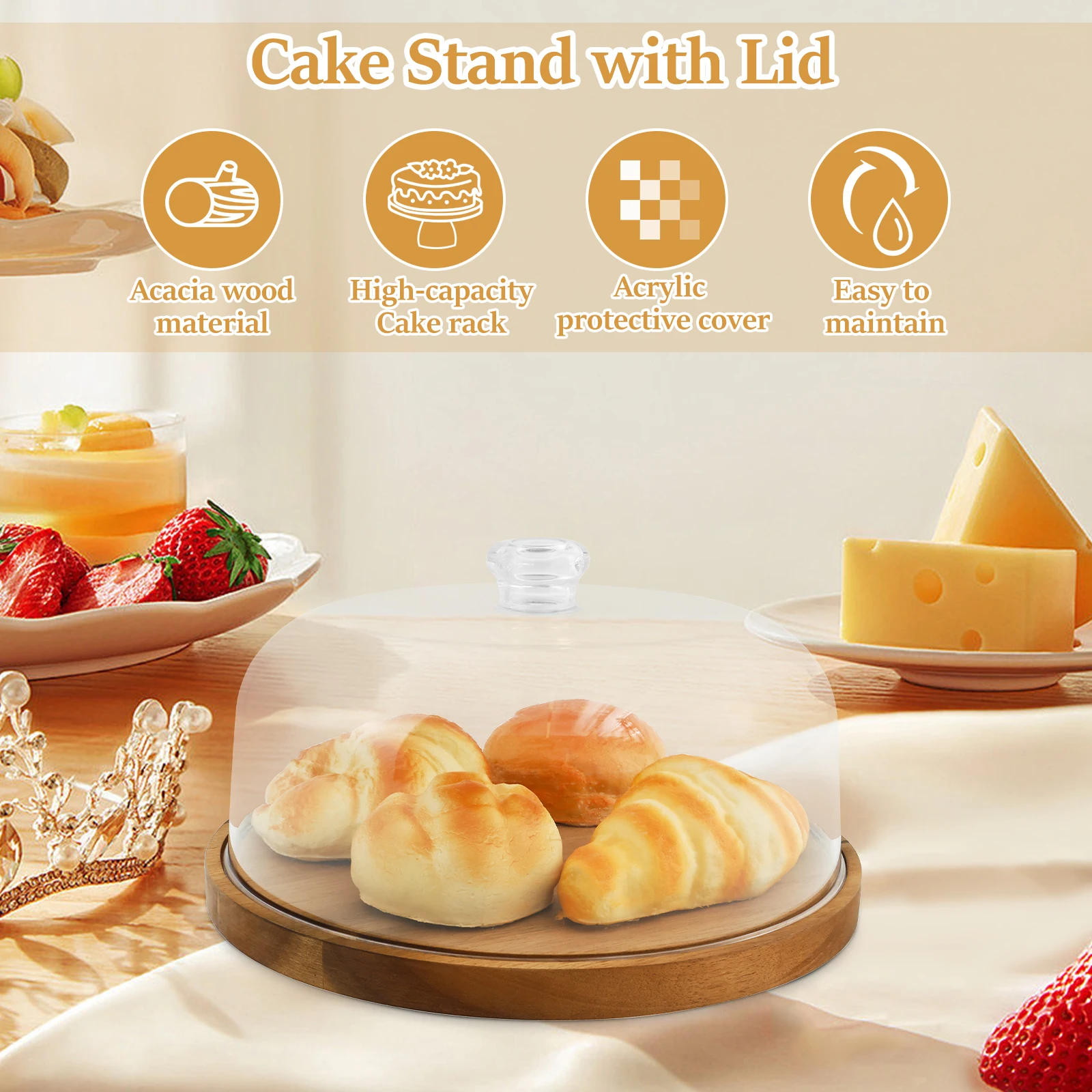 

Wood Cake Display Stand 30CM Cake Tray with Dome Lid Ramadan Fruit Display Plate Dessert Plate Dining Table Kitchen Accessories