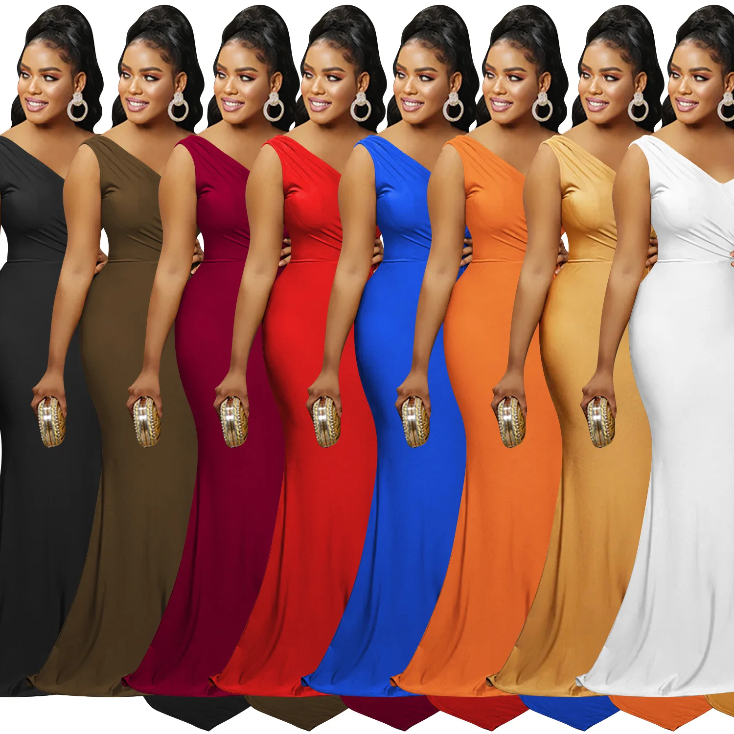 

X5819 European and American fashion solid color party tight shoulder sleeve dress long dress women