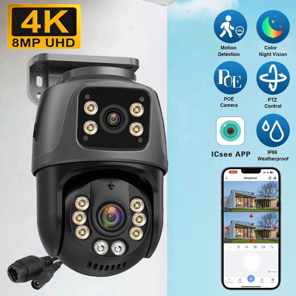 

4K 8МП IP-камера с двумя объективами, Wi-Fi, PTZ, двумя экранами, PoE, для наружного наблюдения, с цветным ночным видением