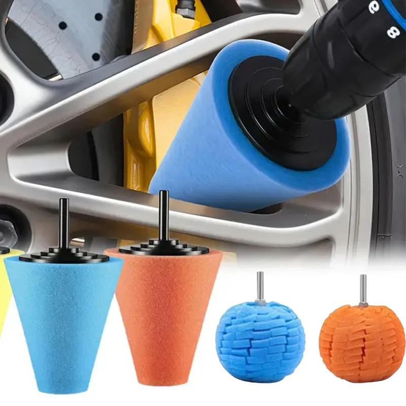 Car Drill Polishing Sponge Pad Kit Hub Polishing Pads Metal Cone Polishing Ball for Rim Cleaning Automotive Detailing Care Tools