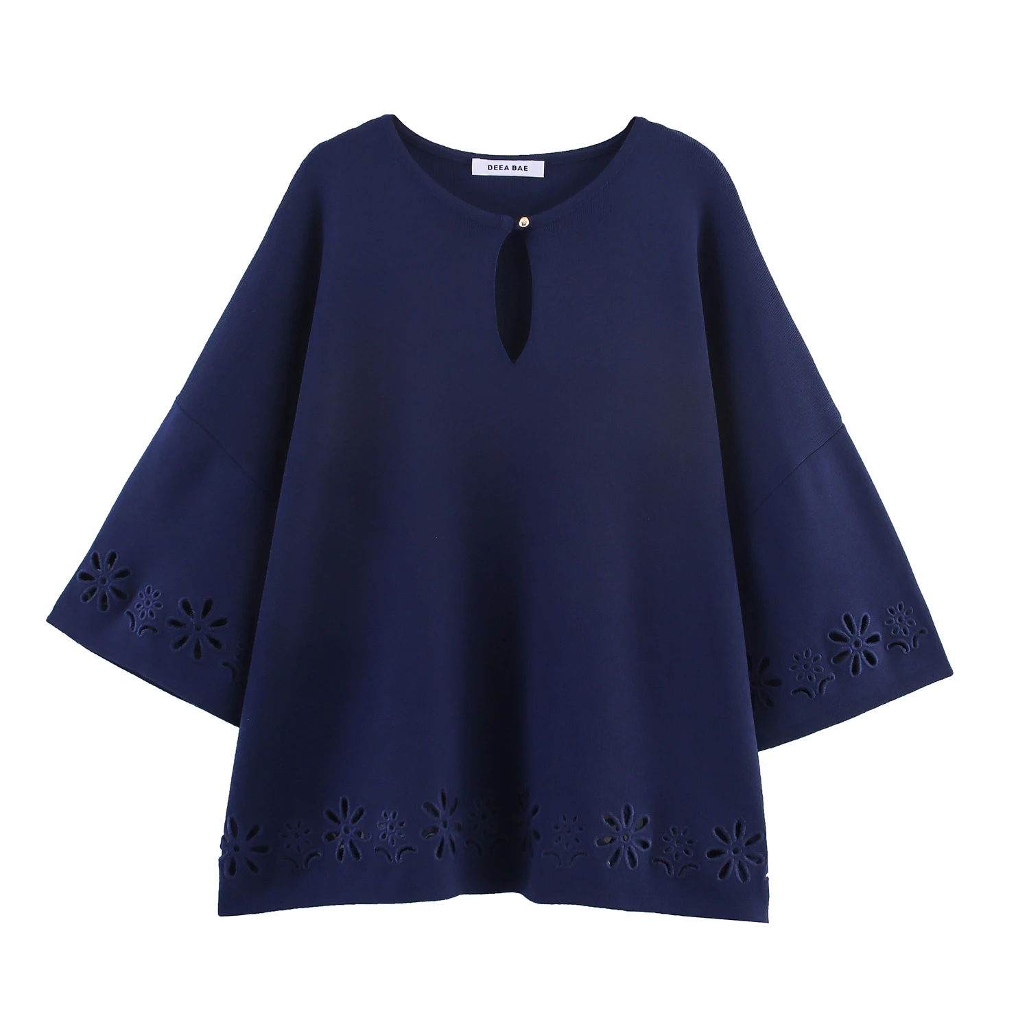 

Women's clothing autumn new products simple and versatile casual and fashionable 7-quarter sleeve hollow embroidered V-neck top