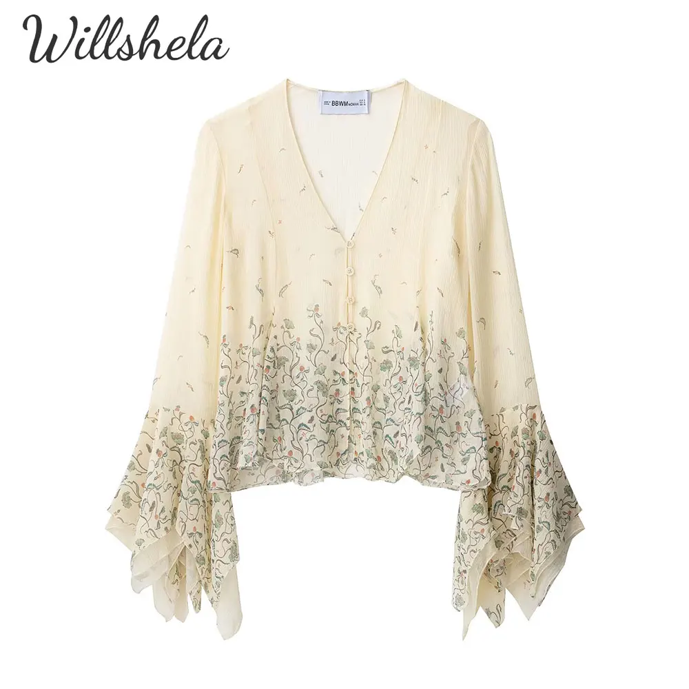 Willshela, camisa transparente ligera de tul de gasa estampada a la moda para mujer, blusa informal elegante de manga larga con cuello en V para mujer