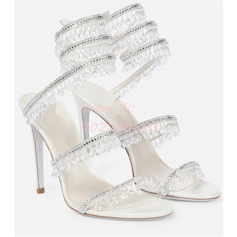 Snake-shaped Crystal Tassel Stiletto Sandals Open-toed Winding Pendant Thin High Heeled Roman Sandals Women Sexy Shoes 2024