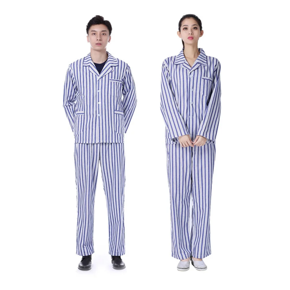 1 Set Adult Pajamas Cotton Comfortable Long Sleeve Clothing for Bedridden Patients Hospital Home (Blue and White Stripe, Size M)