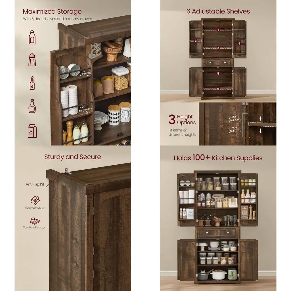 

Freestanding Tall Cupboard Storage Cabinet, 15.7x30x71.7, 2 Doors, 6 Adjustable Shelves, for Living Room or Kitchen, Deep Brown
