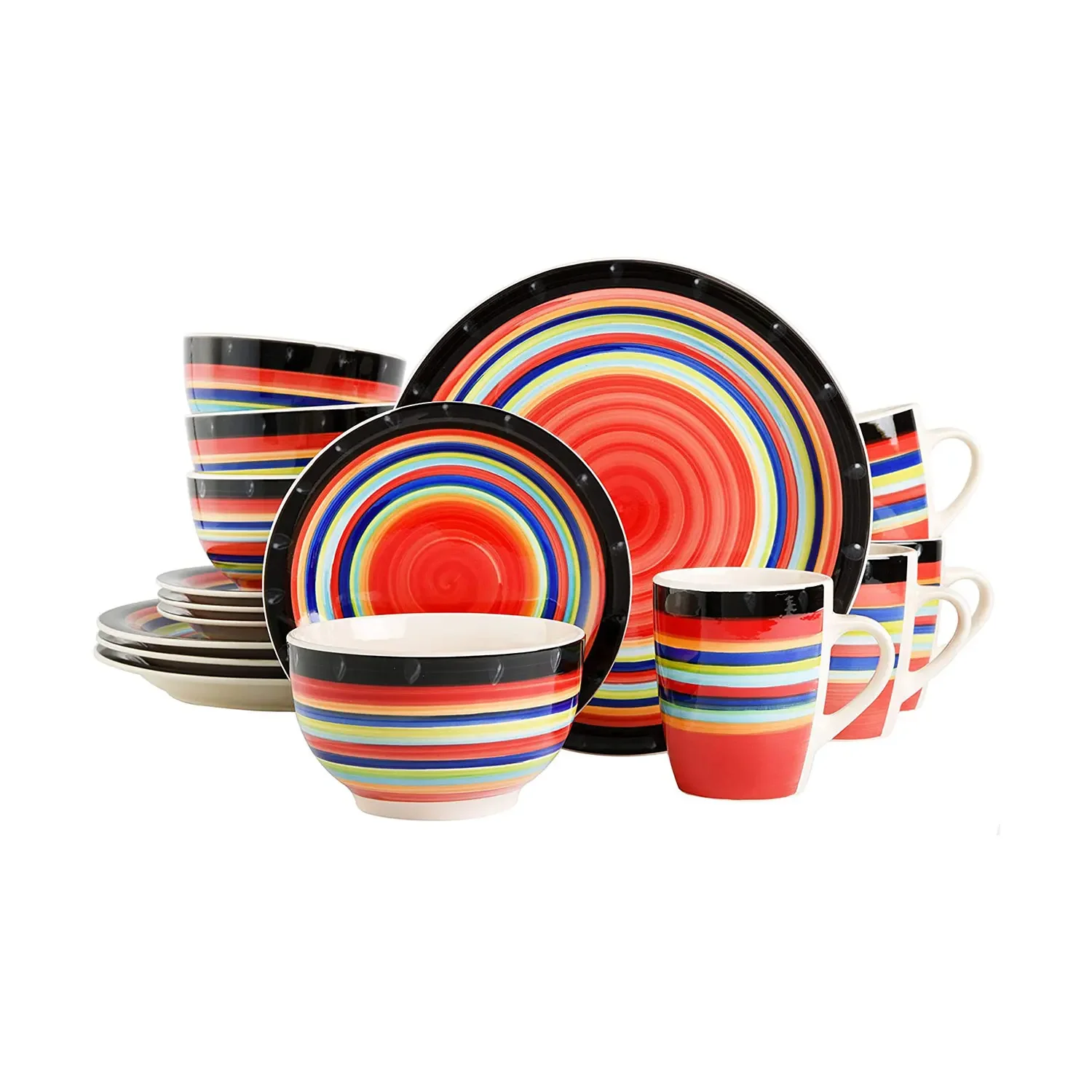 

16-piece multicolor dinnerware set including plates bowls and mugs