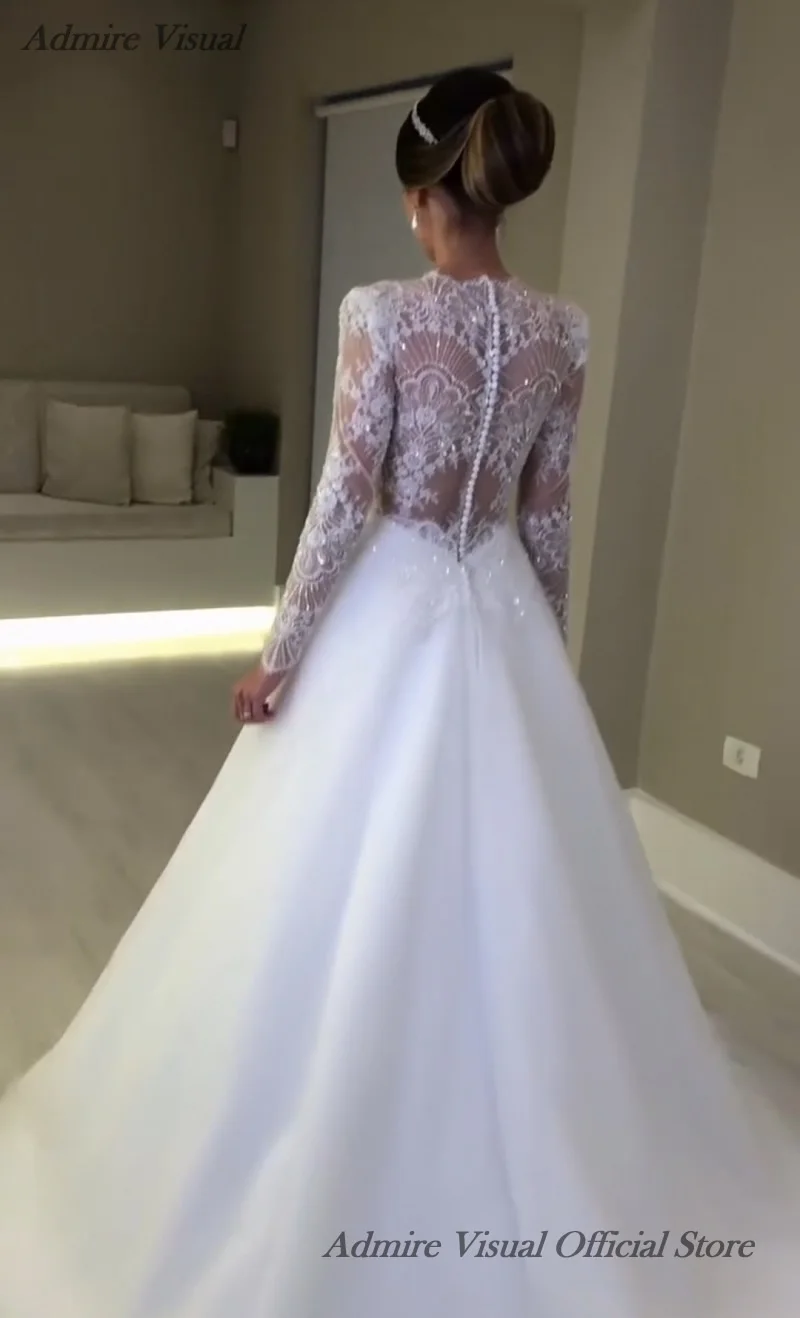 Admire Visual Wedding Dress A-Line Full Sleeves High Neck Neckline Square with Lace Customized Bride Gowns