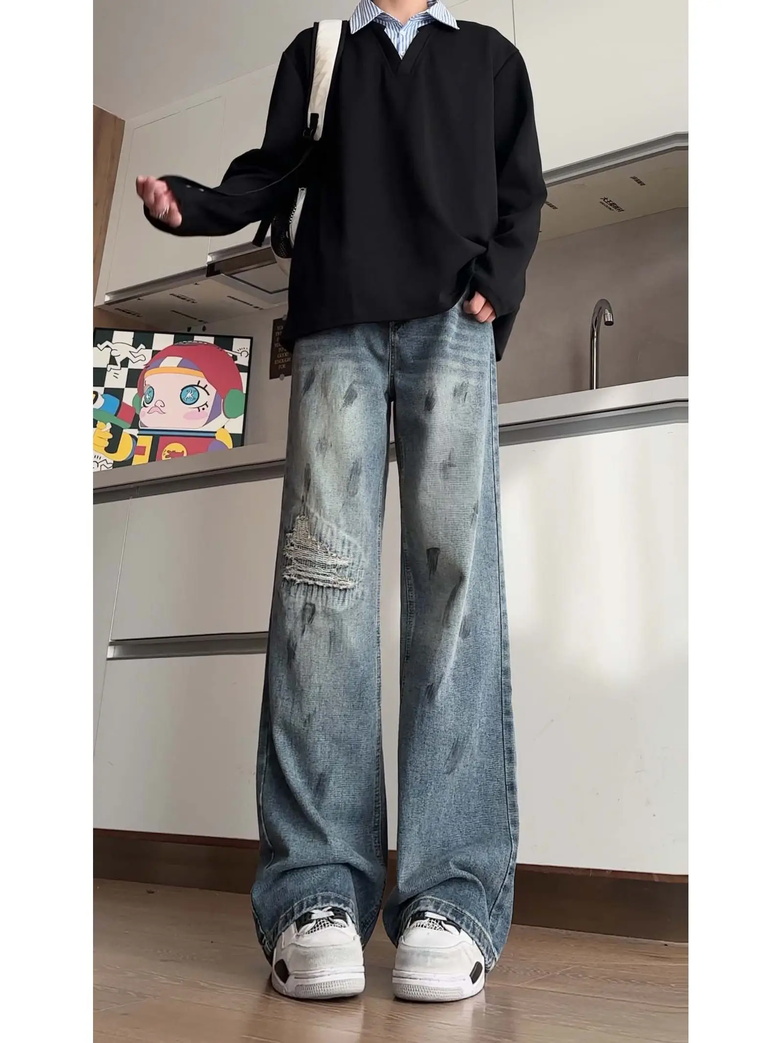 

American Retro Waed out Jeans Men's Spring Autumn Cleanfit High Waist Loose Straight Leg Wide Leg Pants Wear Resistant