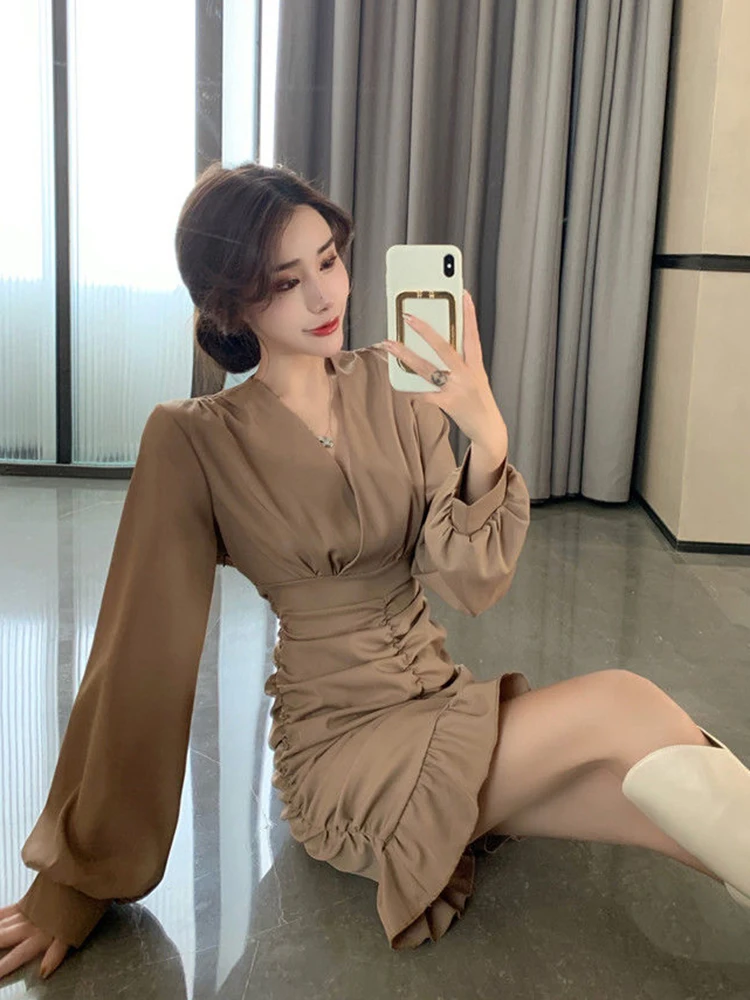 Jmprs Elegant Women Mini Dress Vintage Tunic Irregular Long Sleeve Korean Office Ladies Ruffles Dress Sexy V Neck Party Vestidos