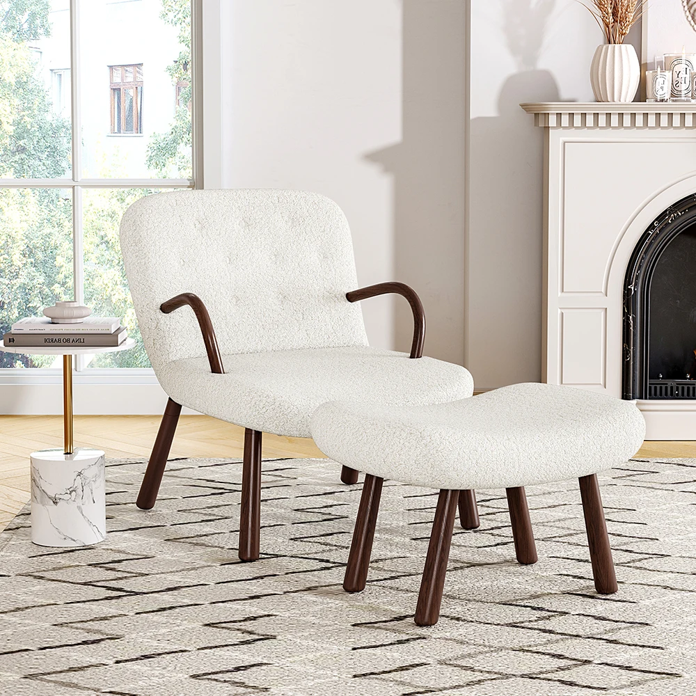 Sherpa Armchair and Footstool Set with Wooden Legs