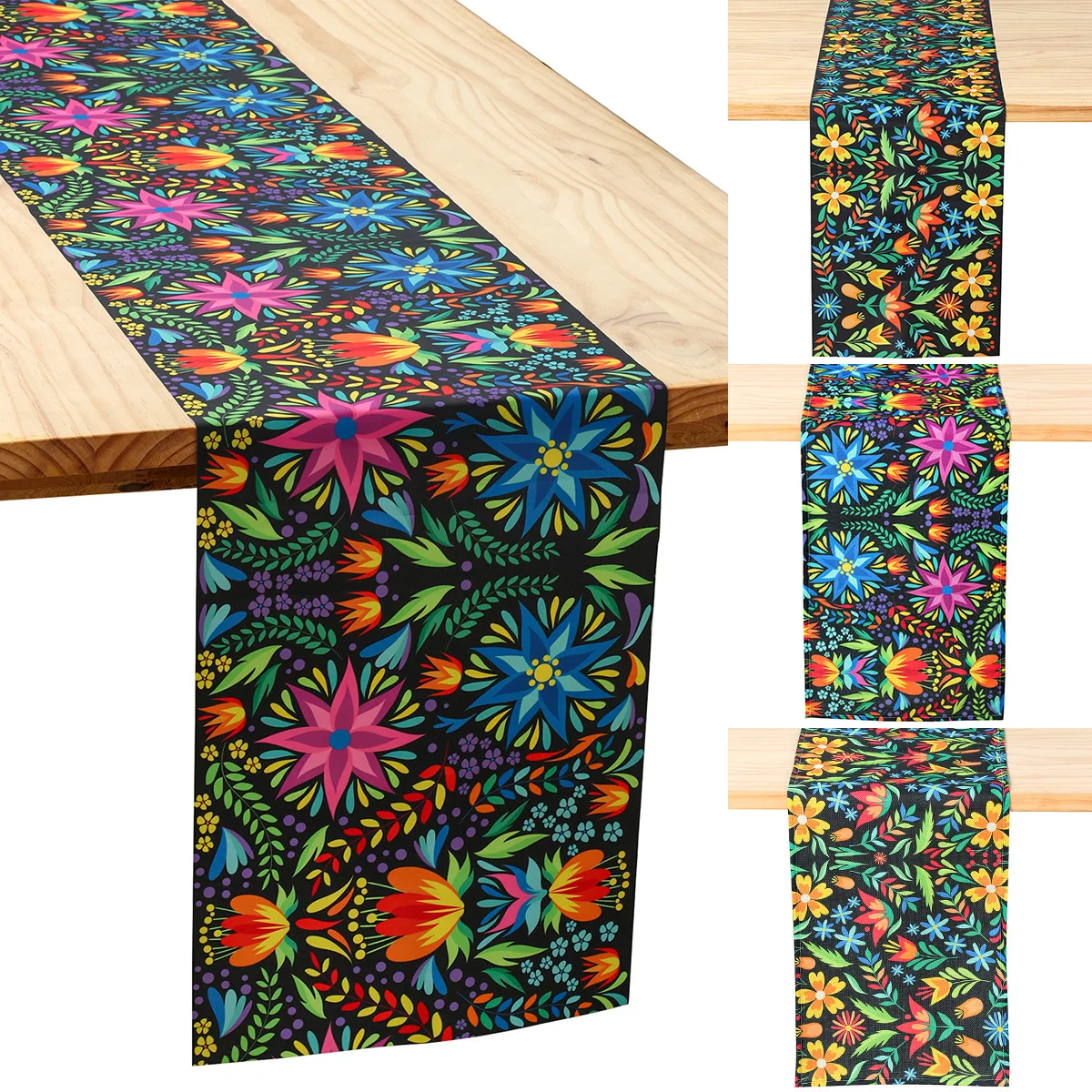 Colorful Flowers Table Runner Mexican Fiesta Day of The Dead Linen Table Runners Kitchen Table Decoration Banquet Party Decor