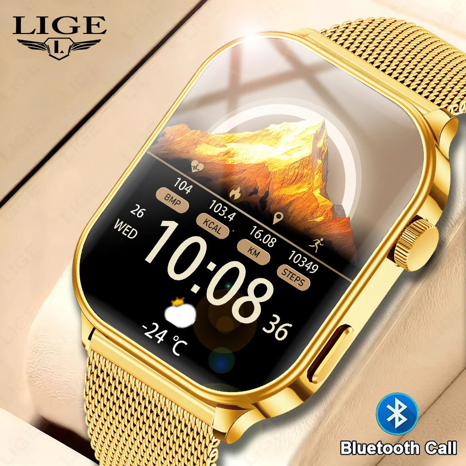 

LIGE Gold Smart Watch Men 2.01" Full Touch Screen Sports Fitness Tracker Heart Rate Blood Pressure Monitor Smartwatch Calculator