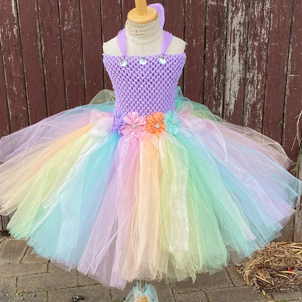 Girls Pastel Fairy Dress Kids Glitter Flower Tutus Dresses with Wing Stick Hairbow Children Christmas Halloween Party Costumes