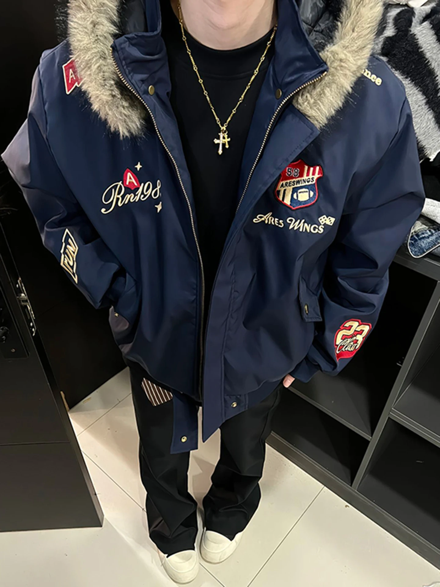 

Trendy American Sle Du down Parka Coat with Fur Collar And Embroidery for Men ort Bread Sle High Quali Winter Outer...