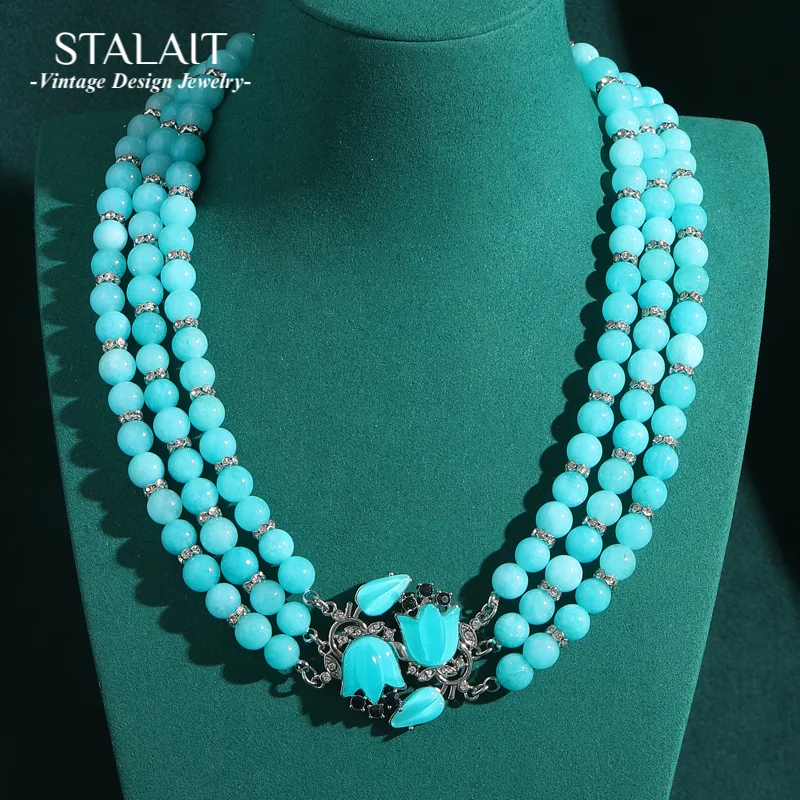 

Vintage Layered Beads Necklace Large Blue Magnolia Choker Elegant Collar Flower For Women Antique Jewelry Accessories Engagement