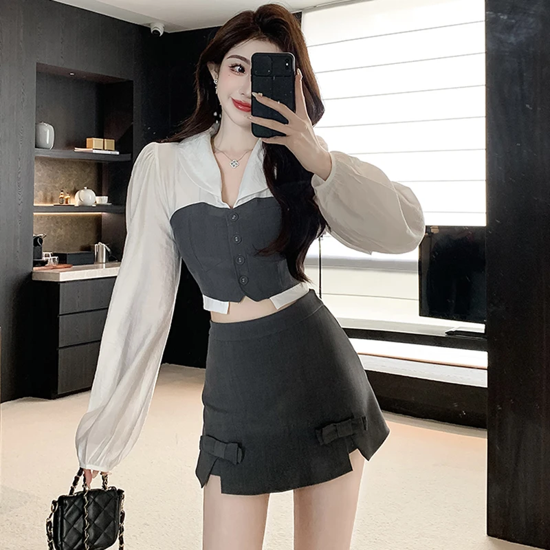 Two Piece Set Women Hit Color Splicing Puff Long Sleeve Slim Crop Tops + Bow Mini Skirt Outfits Korea Fashion Sweet Lady Clothes