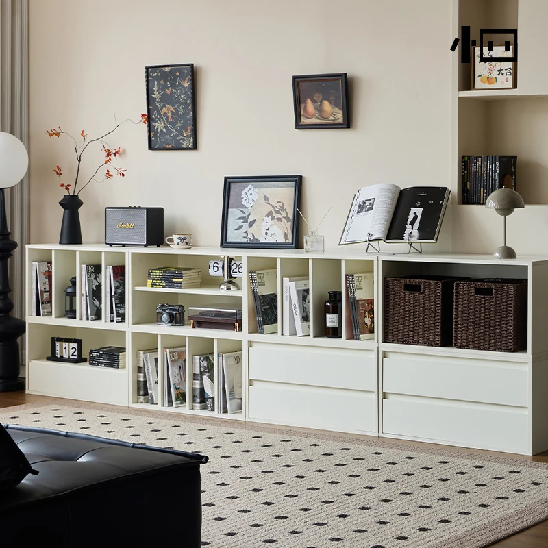 Free combination bookshelf Floor-to-ceiling shelf Integrated wall cabinet Bookcase Locker Integrated white cream short cabinet