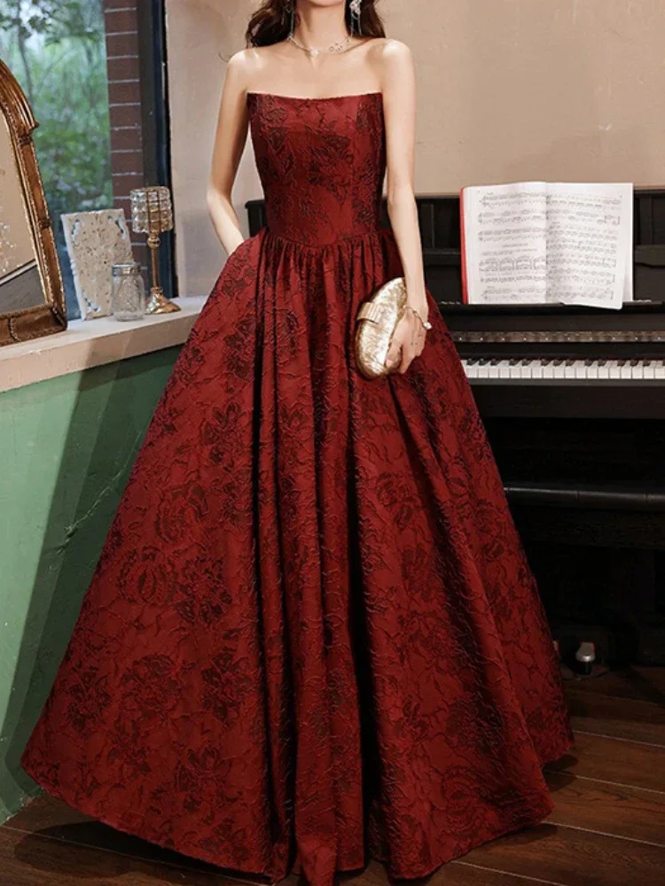 Customized Sexy Strapless Sleeveless High End Wine Red Wedding Party Dresses French Temperament Floral Printed Gown Backless Str