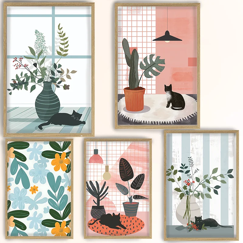 Ilustración de diseño plano minimalista, lindo gato y planta verde, póster temático rosa y azul, arte de pared moderno para el hogar, decoración impresa en lienzo