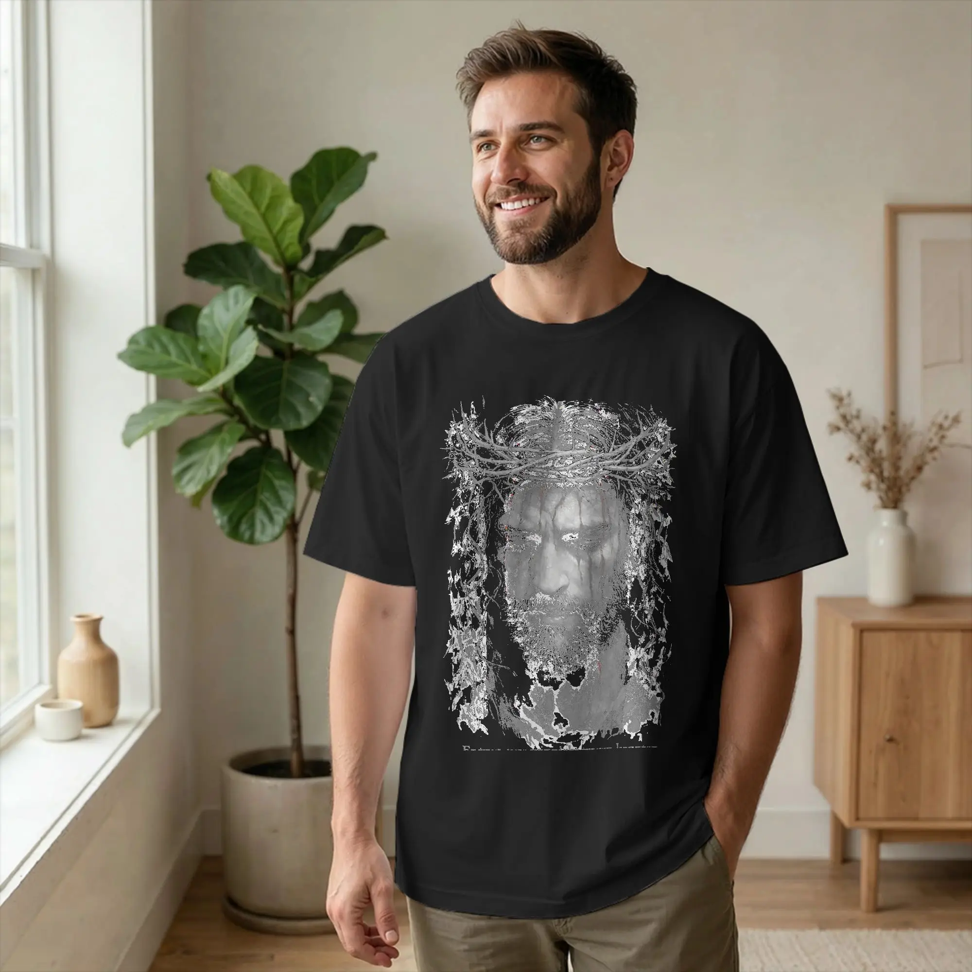 Portrait of Jesus Crown of Thorns Christ T-Shirts Men Suffering Cotton Tees Crew Neck Short Sleeve T Shirt Summer merchandise