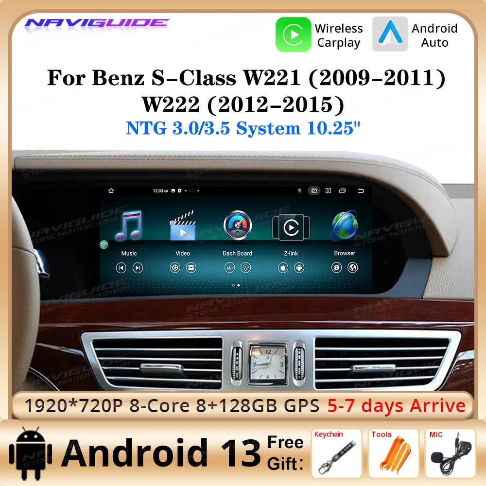 NAVIGUIDE 10.25'' Car Radio Android13 For Mercedes Benz S Class W221 W222 3.0 3.5 2009-2015 Carplay GPS Navi Multimedia Player