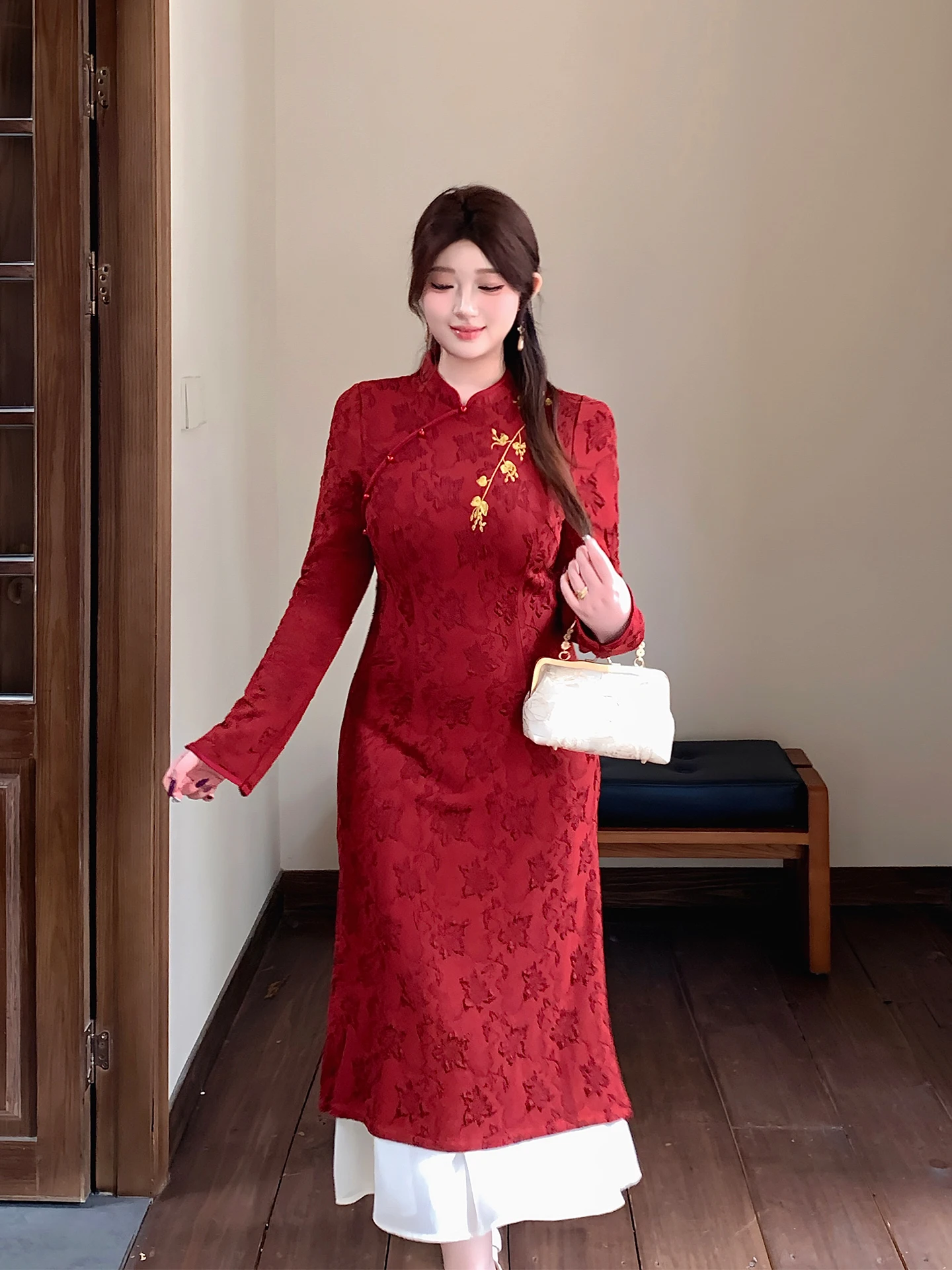 

Red Embroidered Midi Dr for plus Size Women New Chinese Sle Wedding Dr High Waist Long Sve Polyester Fiber Dr