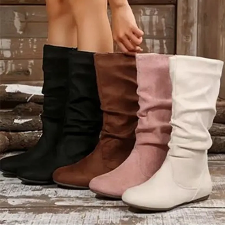 

Retro Large Size Velvet round Head Zipper Side Western Boots Women Winter New Folded Western Boots High Tubc Plain Color