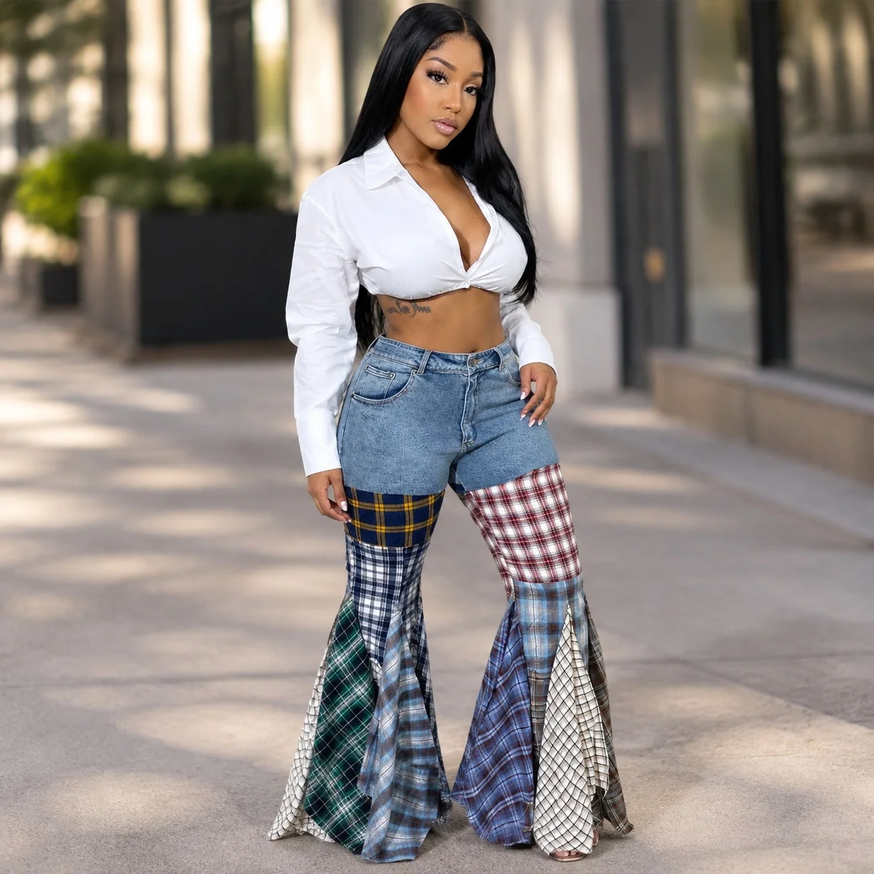 Painted Thickened Pants Slight Flare Street with Medium Stretch Medium Rise Sexy Ice Wash Winter Full Length Women Pants