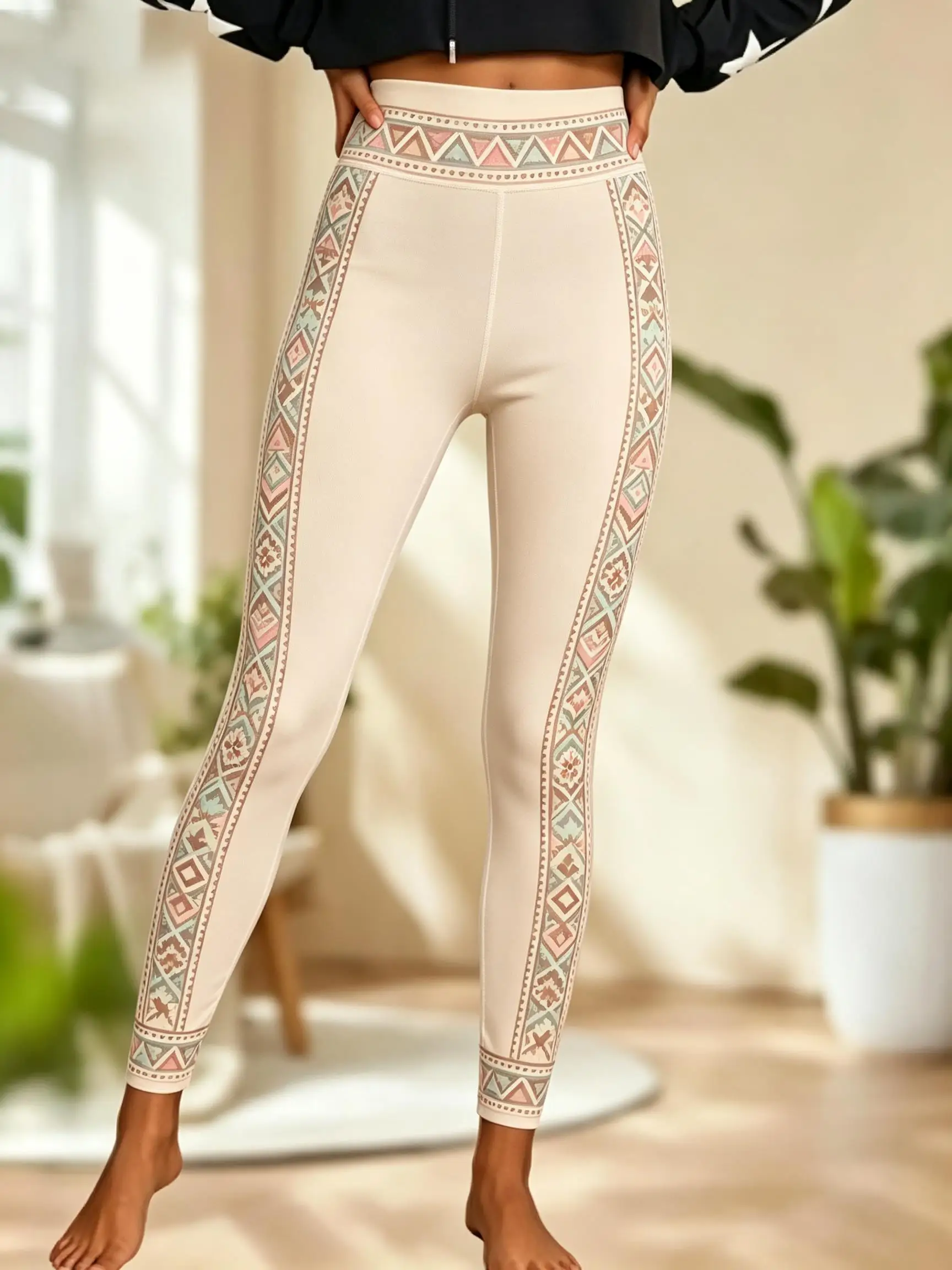 Women Fleece‑lined Mid‑rise Leggings Aztec Tribal Geometric Side Stripe Waist‑hem Border Print Slim Stretch Winter Casual Pants