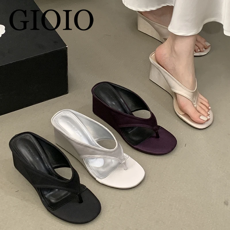 

《GIOIO》Silk Designer Wedges Summer Beach Flip Flops For Women Heels Shoes Round Toe Female Slides Sandals Ladies Slippers
