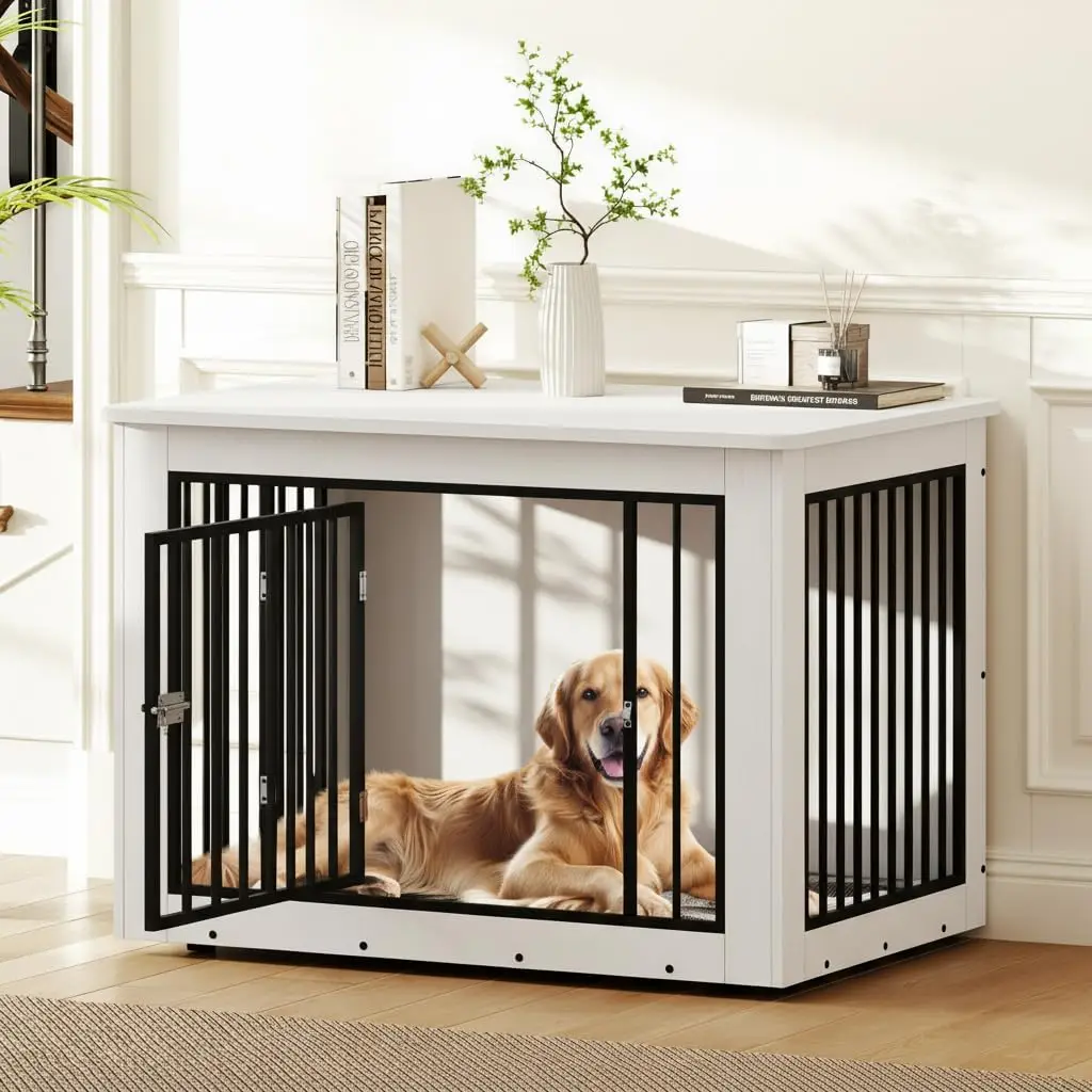 38-Inch Indoor Dog Crate Furniture, Chew-Resistant Wooden Kennel End Table for Pets, Farmhouse Style in White