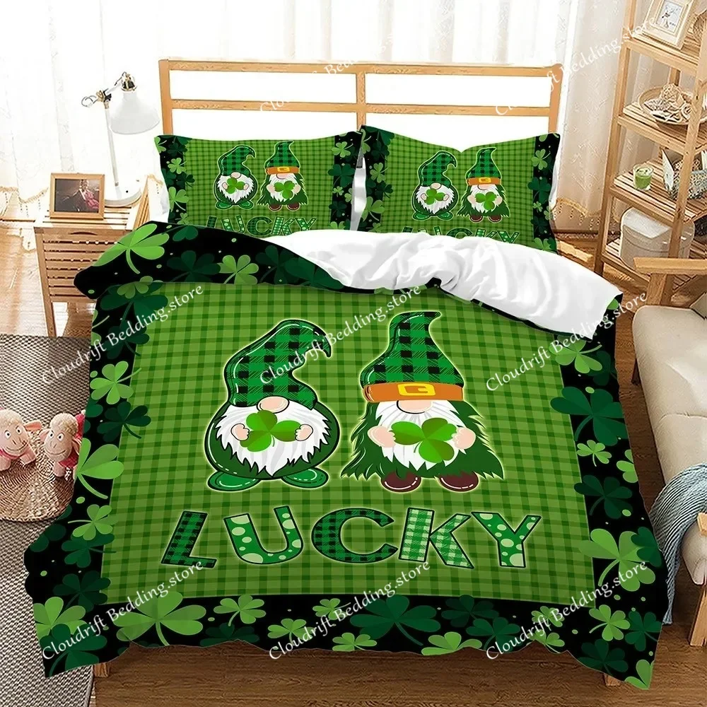 

Lucky Green Leaves King Queen Duvet Cover Four Leaf Shamrock Clover Bedding Set Irish Culture Soft Polyester Quilt Cover