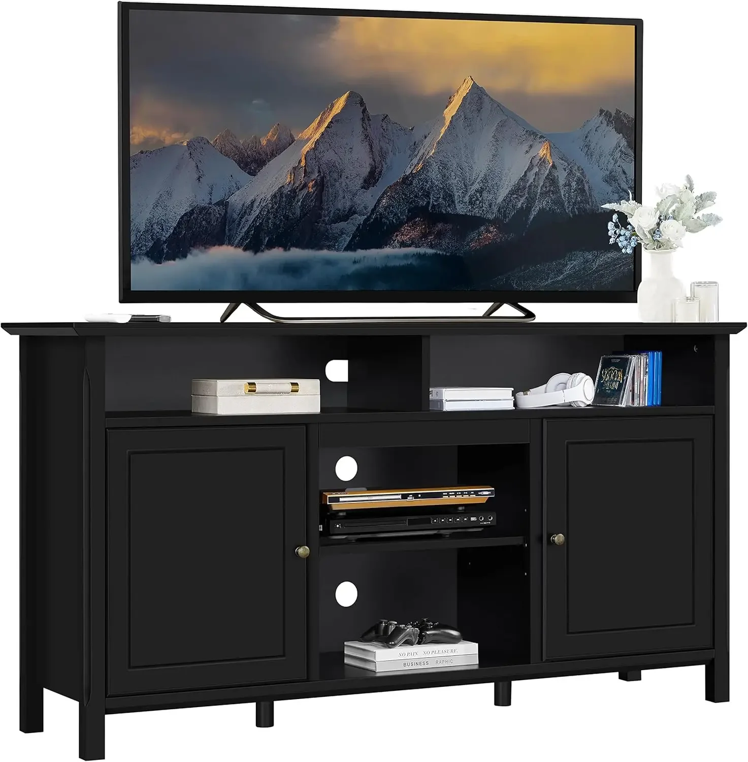 Black TV Stand for TVs up to 65 Inch, Modern Media Entertainment Center with Double Doors, TV Cabinet TV Console with