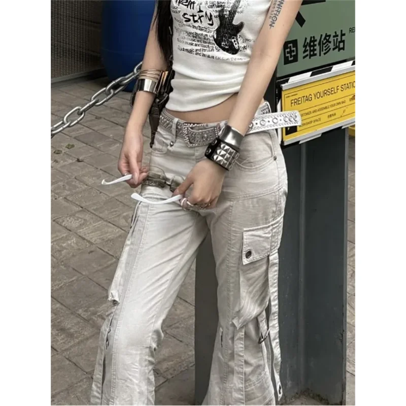 Damskie spodnie cargo z szerokimi nogawkami w stylu Y2k, japońskim designie Harajuku, z niskim stanem, dżinsowe, w stylu goblinów, dzwonkowe, długie spodnie dżinsowe punkowe z lat 2000.