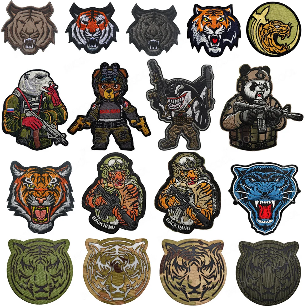 Tactical Animals Patch Tiger Bear Shark Panda Embroidered Patches IR Reflective Armband Shoulder Decoration Badges For Clothing