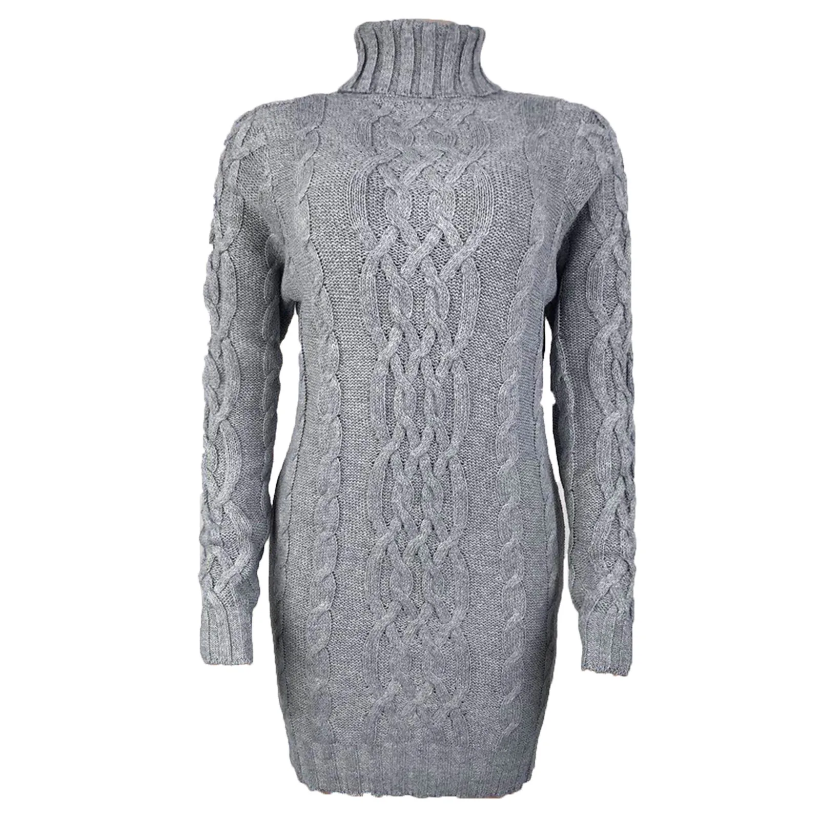 Elegant Women Cable Knit Sweater Dress Autumn Turtleneck Mini Dress Long Sleeve Slim Knitwears Dresses Fall Clothes Pullover
