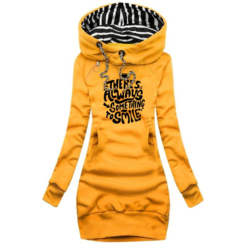 มีบางอย่างที่ควรยิ้มเสมอ ลายพิมพ์ฤดูใบไม้ร่วงและฤดูหนาว ชุดเดรสแฟชั่นผู้หญิงมีฮู้ด ชุดเดรสแบบมีฮู้ด ชุดเดรสแบบเสื้อสเวตเตอร์ผู้หญิง