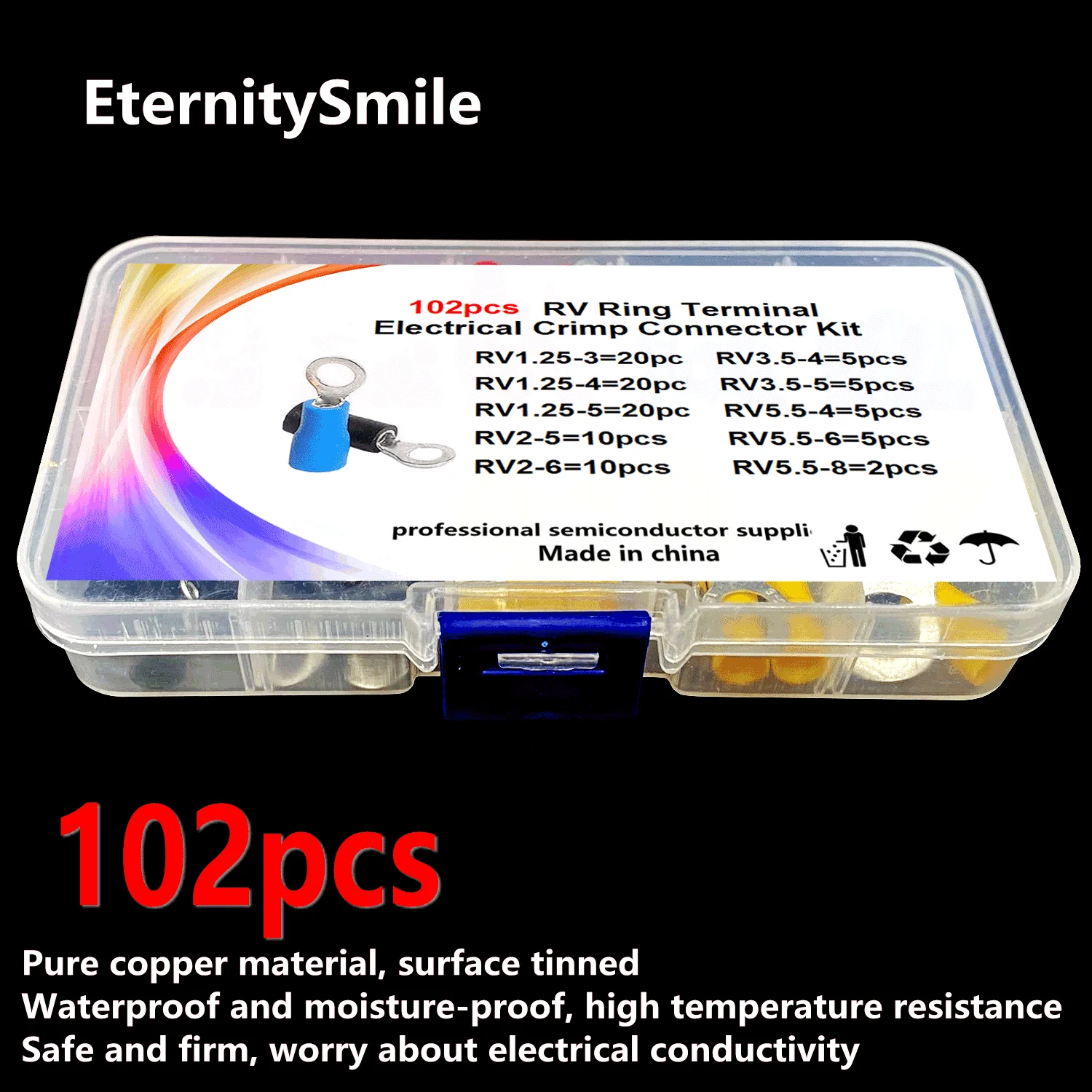 102 Stks/doos 10 Waarden Ring Geïsoleerde Koperdraad Connector Elektrische Crimp Terminal RV1.25-5.5 Kabel Draad Connector Kit