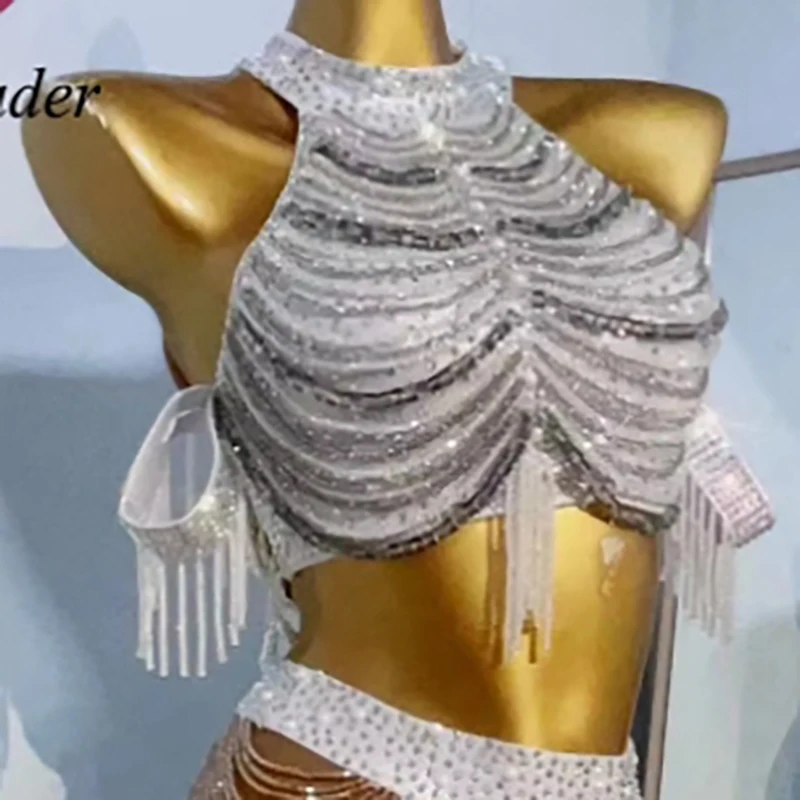 زي الرقص اللاتيني حجر الراين المرأة الراقية مخصص كريستال مطرز الصدرية سبليت أداء السامبا فستان فلاش عالي