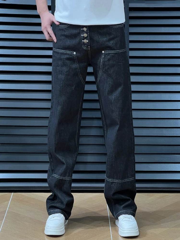 

Retro American Style Men's Casual Straight Leg Jeans Spring Summer Loose Fit Vintage Woodcut Design Trendy Polyester Cotton B...