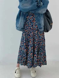 2024 Vintage Blue Flower Print Skirt for Women Summer New High Waist A-line Skirts Lazy All-match Mid-length Loose Faldas Mujer