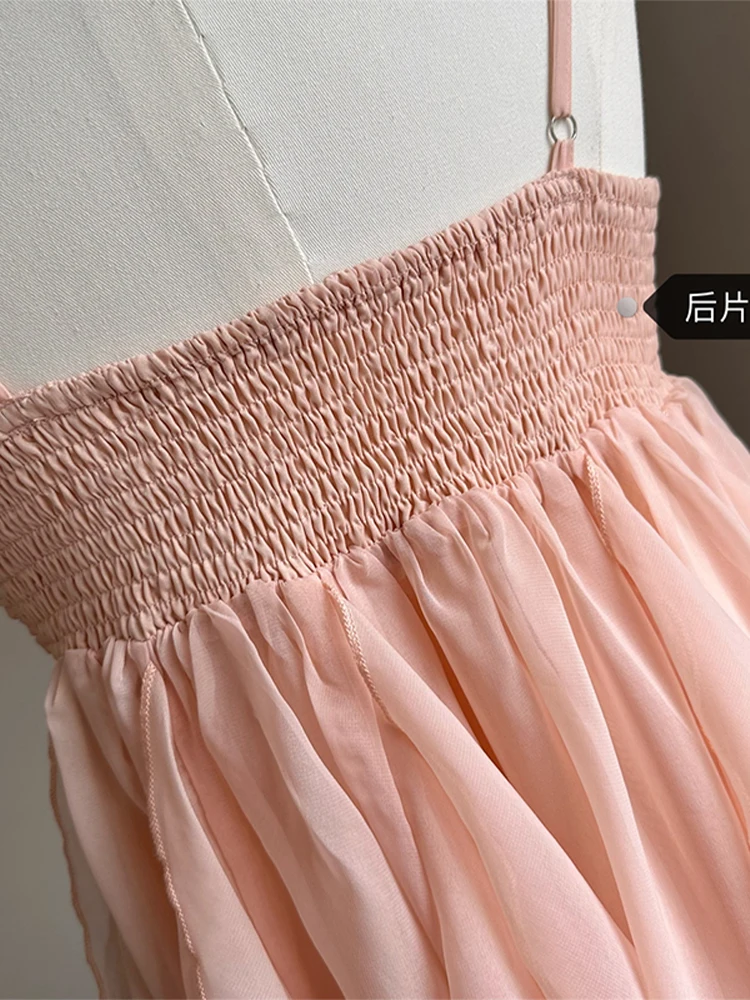 2023 Fashion New Women Vacations Pleated Suspender Vestidos Solid Color Irregular Ruffle Design Female Dress Vintage Cozy Chic