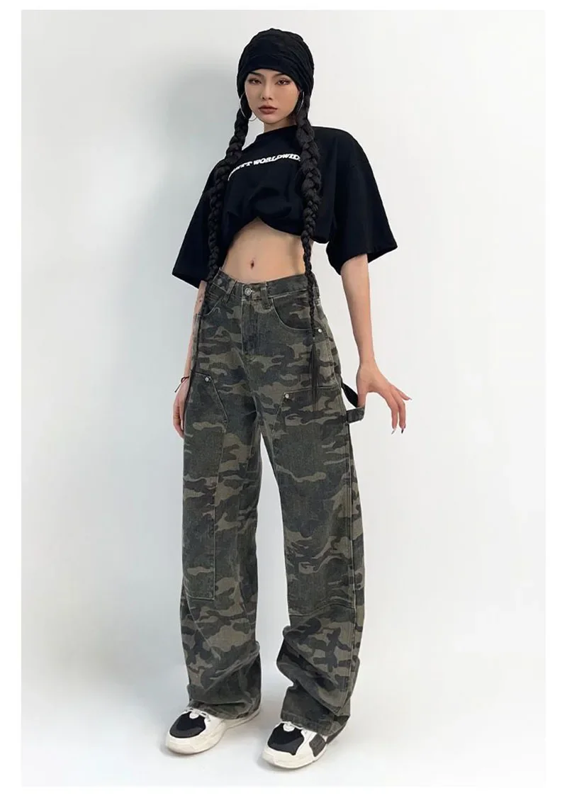 

2026 New Women Camouflage Cargo Pants Y2K Streetwear Low Rise Jeans Retro Wide Leg Trousers Denim Straight Trousers Harajuku