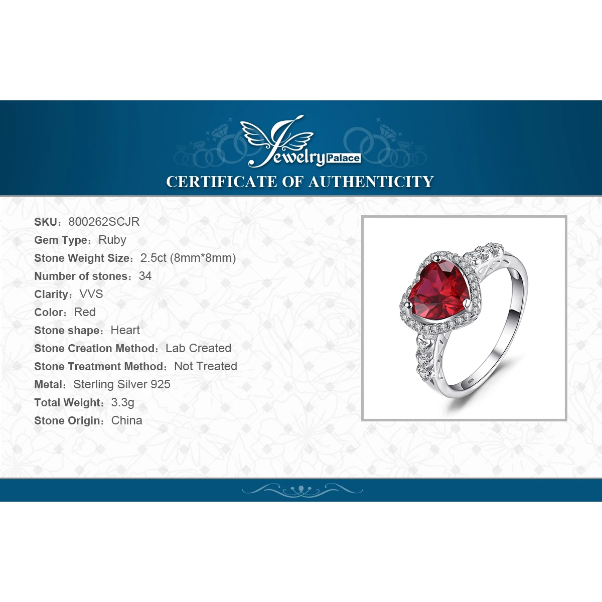 JewelryPalace Heart Love Anello in argento sterling 925 con rubino rosso creato da 2,5 ct per gioielli da donna con pietre preziose