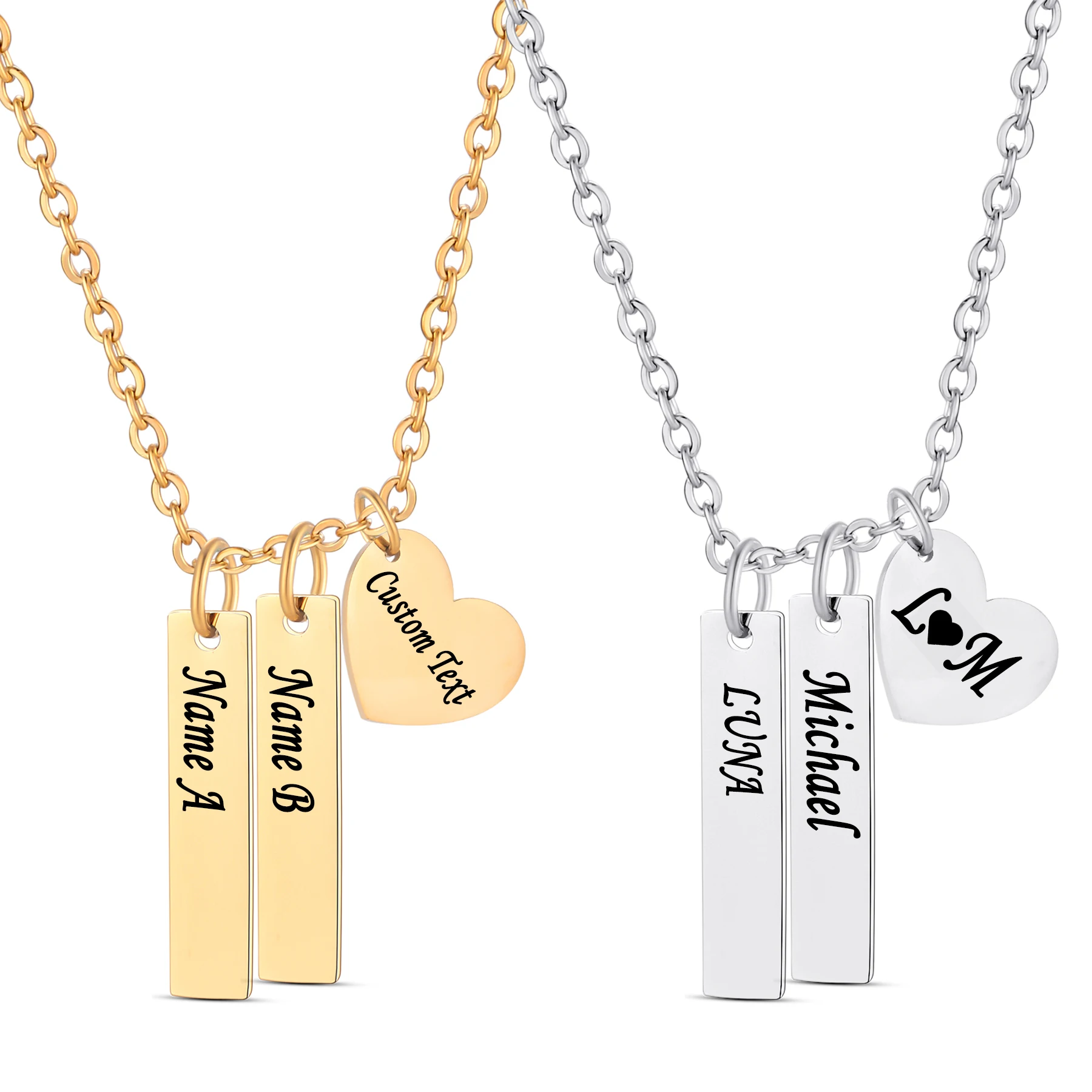 

Minimalist Personalized Carving Necklace Double Rectangle and Heart Charms Simple Chic Style for Girls Ideal Gift
