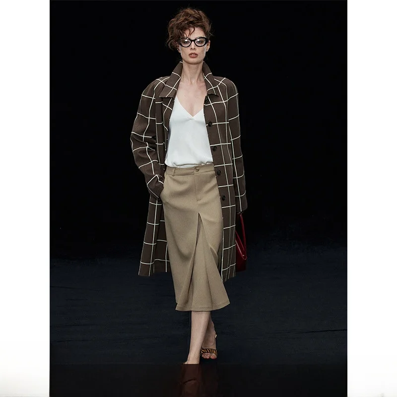 

Randpiee Retro Series Plaid awl Collar Single Button Oversized Long Sve Women's Coat Street Sle Cotton Autumn Winter