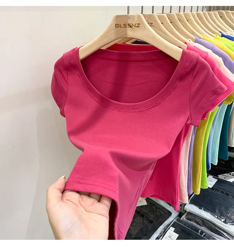 2026 Sexy Quadratischer Ausschnitt Slim T-Shirt Damen Baumwolle Elastisch Basic Einfarbig Lässige Oberteile Kurzarm Dünne T-Shirts Transparent – Detail 18