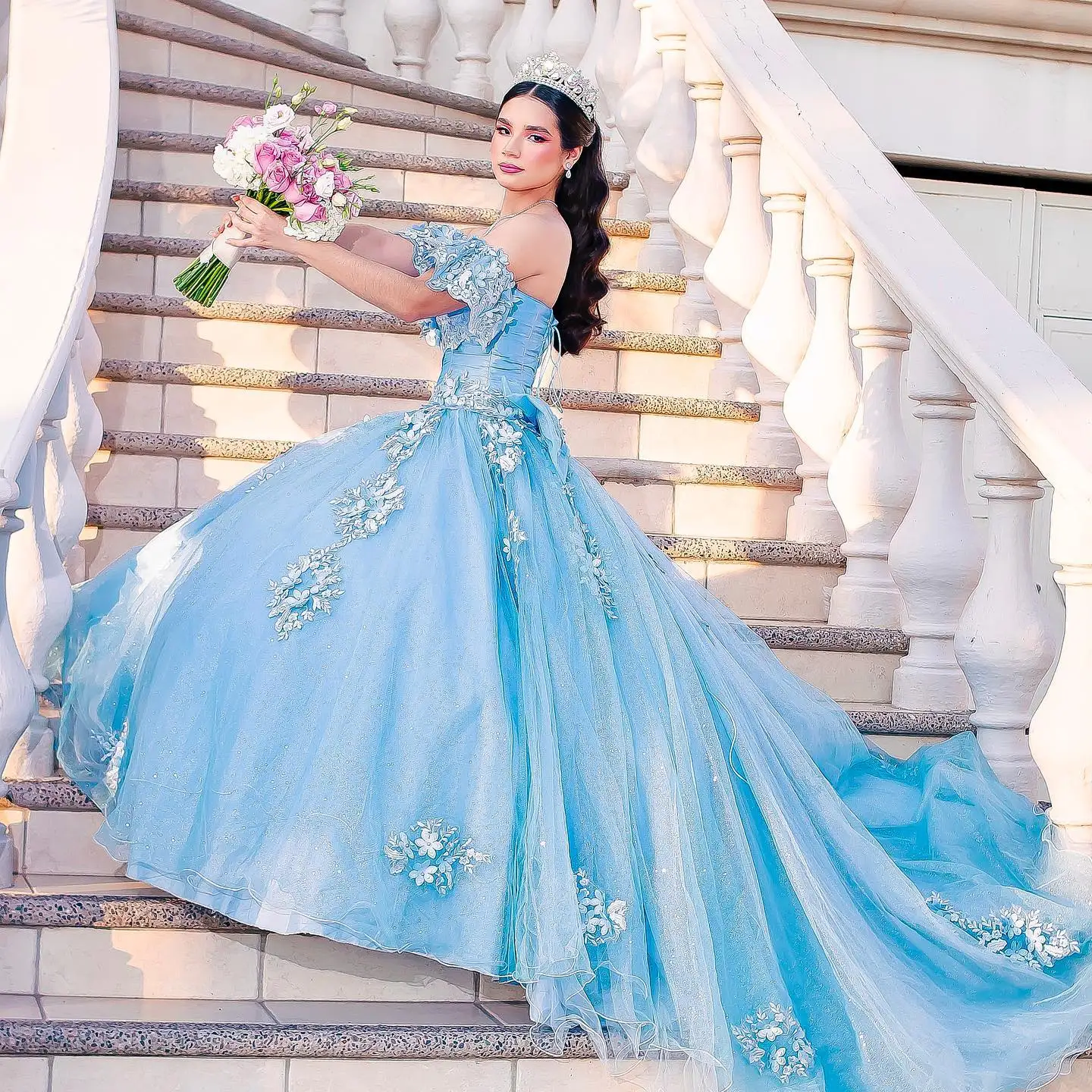 Impact Floral A-line Tulle Prom Dresses In Sky Blue Short Sleeves Puffy Tutu Tulle Bridal Gowns Pretty Formal Dress